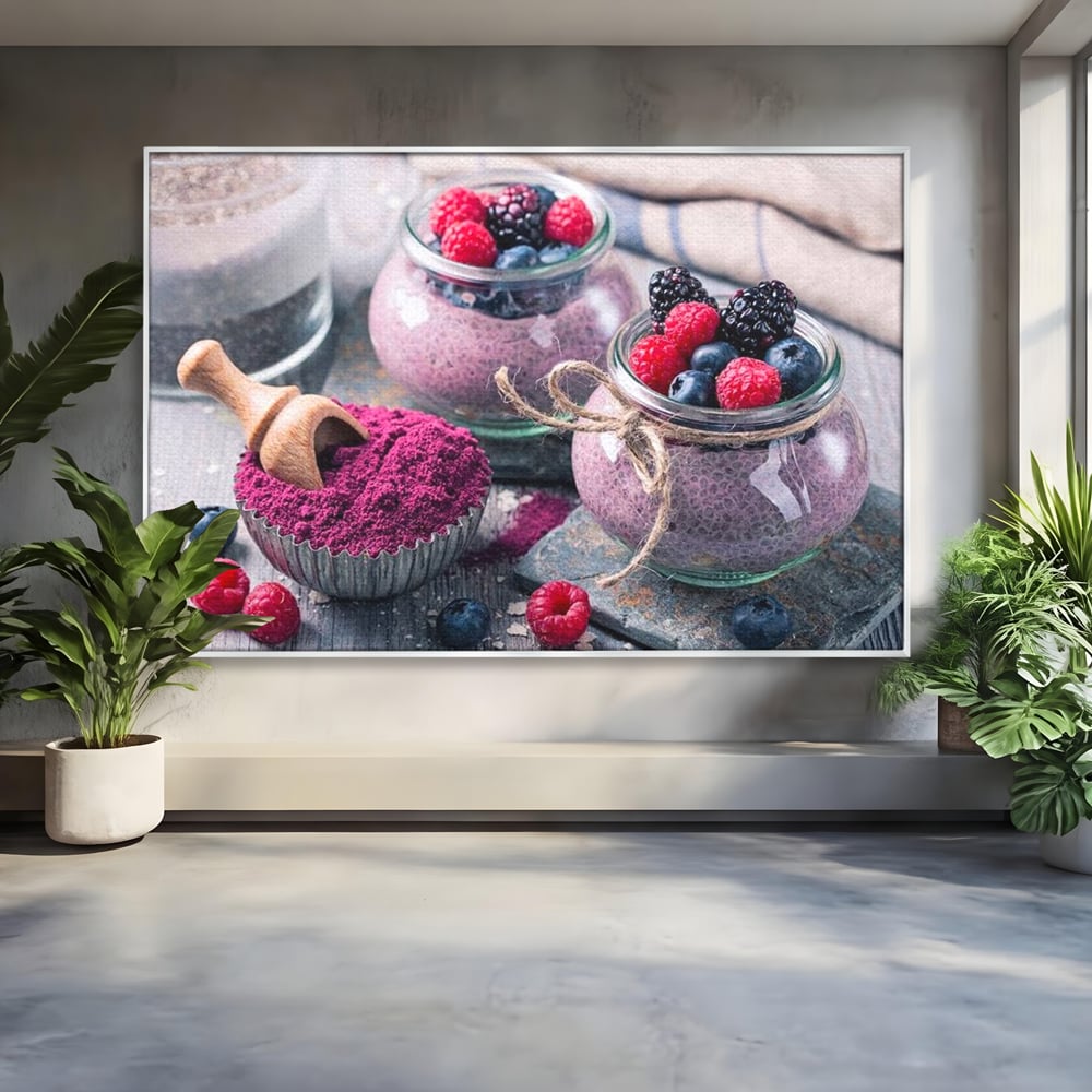 Tablou canvas cu natura moarta cu desert si fructe de padure, in rama de aluminiu argintiu